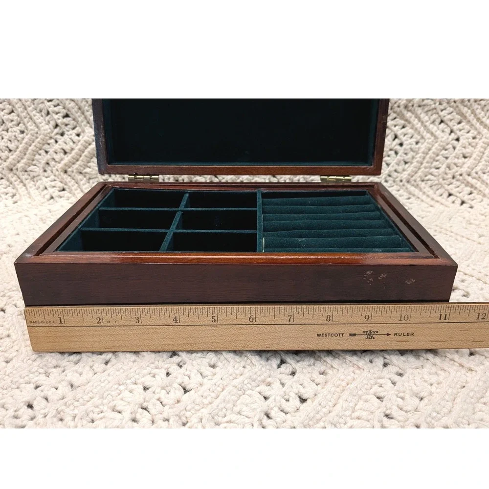 Vintage Wood Jewelry Box Brass Corner Campaign Style Green Velvet Lining 11x7x4